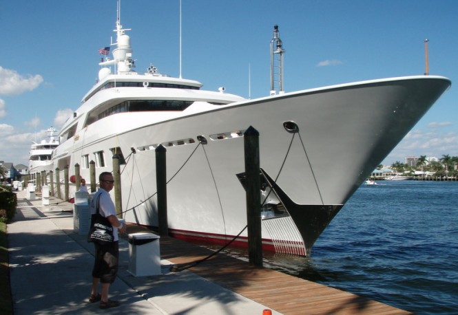 A luxury superyacht alongside in the glamorous America yacht charter location - Florida