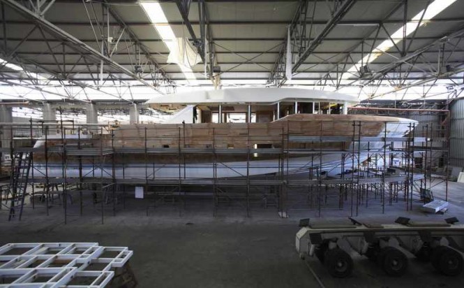 Hull and superstructure of Oceanic 90' Yacht Hull no. 1 being prepared to receive the upper deck