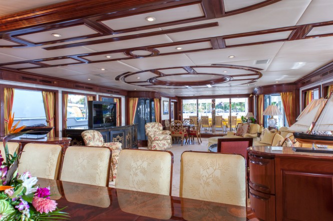Luxury yacht Chevy Toy features sleek marble and mahogany finishes throughout and three decks