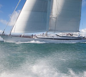 Remodelled sailing yacht M5 (ex Mirabella V) leaves Pendennis