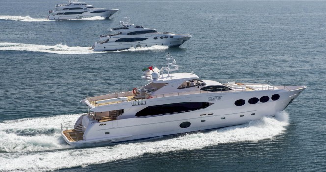 Majesty Yachts cruising along the UAE Coastline - from bottom to top superyachts Majesty 105, Majesty 125 and Majesty 135