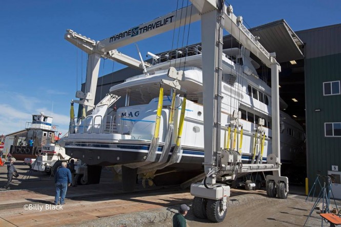 Newly refitted 130ft charter yacht Magic leaving her shed at Front Street Shipyard - Image credit to Billy Black