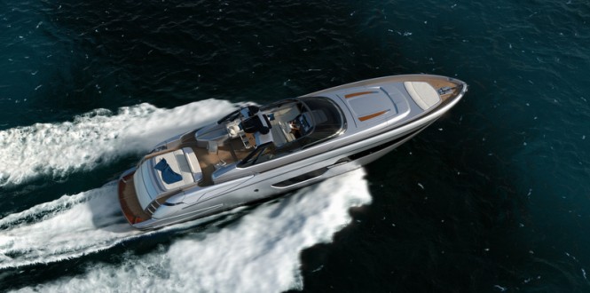 Aerial view of superyacht Riva 88 Miami at full speed