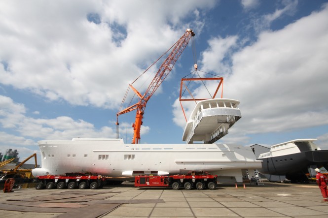 Hull and superstructure of 37M Trawler 37.00 Yacht being joined together at Wim van der Valk