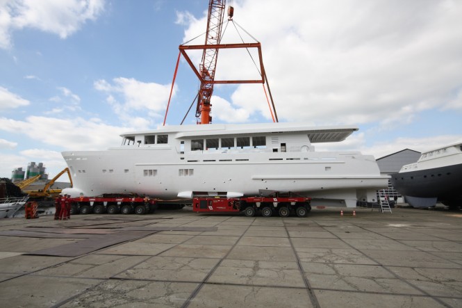 Hull and superstructure of Trawler 37.00 superyacht joined together
