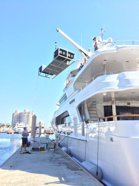 Loading the shark tagging platform aboard charter yacht Penny Mae in preparation for this week's expedition at Tiger Beach, Bahamas.