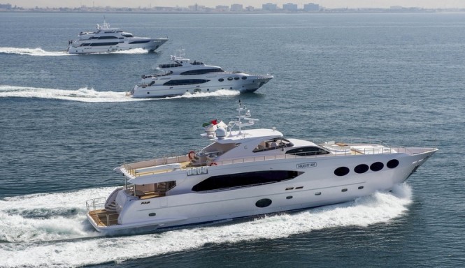 Majesty Yachts cruising along the UAE Coastline - from bottom to top - superyachts Majesty 105, Majesty 125 and Majesty 135
