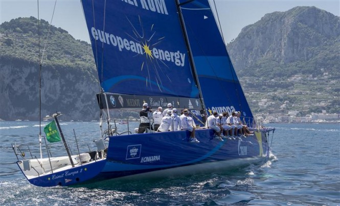 Superyacht Esimit Europa 2 approaching Capri to get line honors win at the Volcano Race - Photo by Rolex Carlo Borlenghi