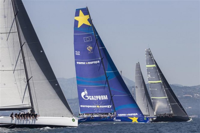 Superyacht Esimit Europa 2 leads the charge off the start line for the Maxi fleet at Rolex Capri Sailing Week. Photo by Rolex Carlo Borlenghi