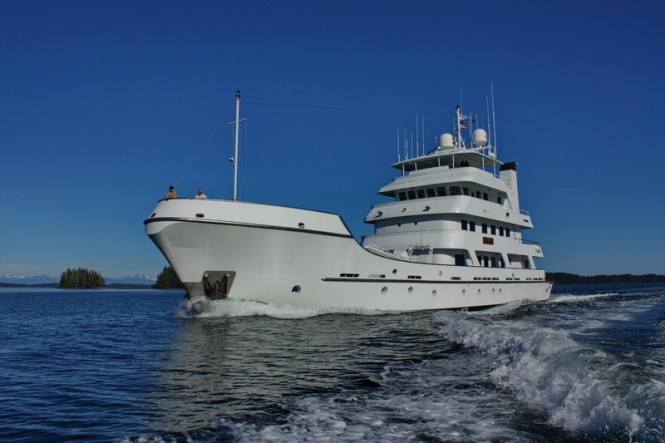 43m expedition yacht Copasetic underway to Pybus Bay