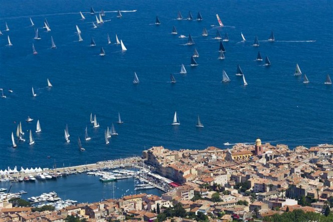 Aerial view of Saint-Tropez's Vieux Port and the Giraglia Rolex Cup fleet during the 2013 edition