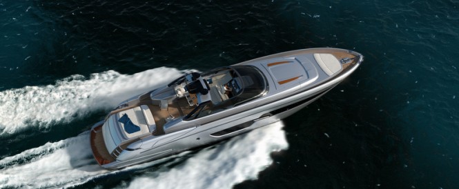 Aerial view of superyacht Riva 88 Miami at full speed