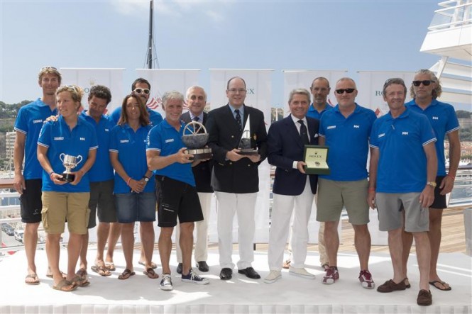 HSH Prince Albert II of Monaco, Gian Riccardo Marini and the TIXWAVE (GBR) team, overall winner of the 62nd Giraglia Rolex Cup - Photo by Rolex Carlo Borlenghi