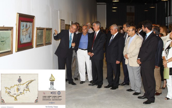 Exhibition curator Ali Riza Isipek (left) explains the displays in the Piri Reis Exhibition to guests, including Turkish Ambassador Halil Ibrahim Akçanin (third from left) and TRNC Prime Minister Özkan Yorgancioglu (fourth from left), at the Karpaz Gate Marina Gallery
