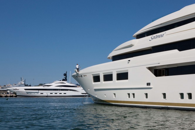 Motor Yacht SARAMOUR with the newly launched Super Yacht YALLA in the background - CRN SHIPYARD