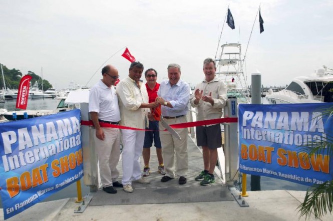 (L - R):   Ricardo Strul, Miguel Pineiro, Dane Graziano, Efrem "Skip" Zimbalist III, and Andrew Doole cut the ceremonial ribbon at the inaugural Panama International Boat Show on Friday
