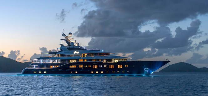 Superyacht Solandge after sunset - Photo by Klaus Jordan