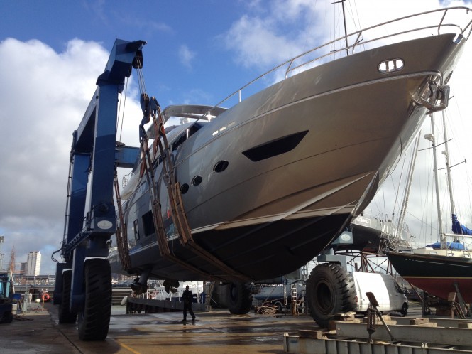 The Princess 88 superyacht ready for launch in the hoist