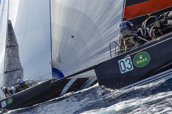 BELLA MENTE and STIG drop their headsails as they fly downwind - Image by Rolex Carlo Borlenghi