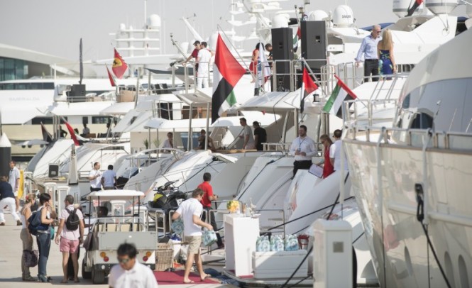 Luxury superyachts anchored at Yas Marina
