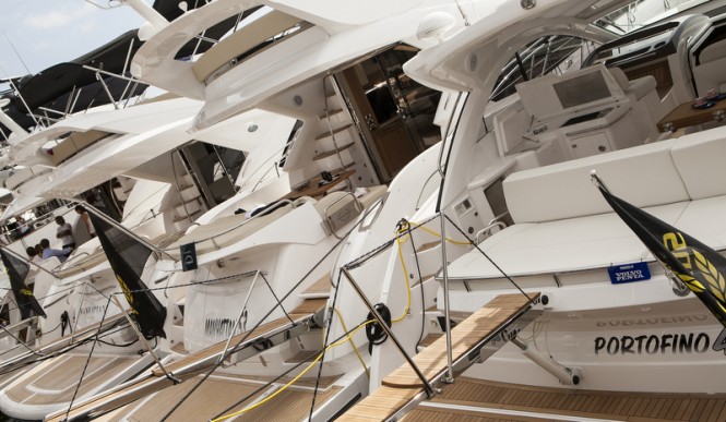 Luxury yachts on display at the Barcelona Boat Show