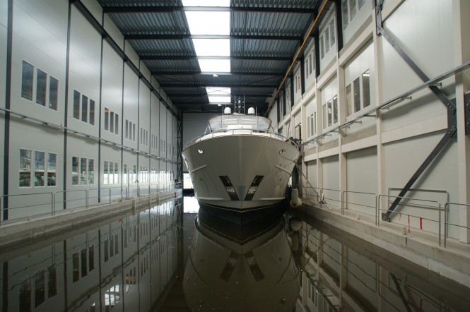 Mulder 98 Flybrige Yacht YN 1391 ready to leave her shed at Mulder Shipyard