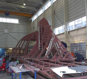 Photos from construction of new bow section for Heesen motor yacht SEVEN SINS at Balk Shipyard
