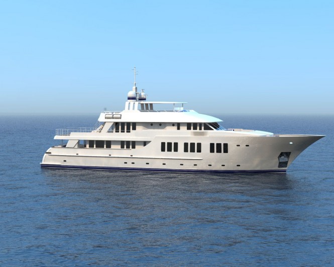 Rendering of 135ft superyacht designed by Overing under construction at JFA