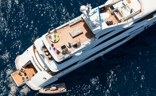 Aerial view of Ocean Paradise superyacht at anchor
