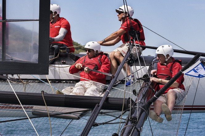 Bob Oatley at the helm of the AC45 - Photo credit Andrea Francolini