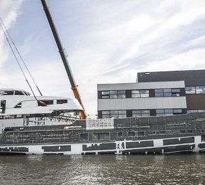 Hull and superstructure of Mulder 34m superyacht BN 100 joined together