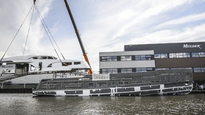 Hull and superstructure of  Mulder 34m super yacht BN100 being joined together