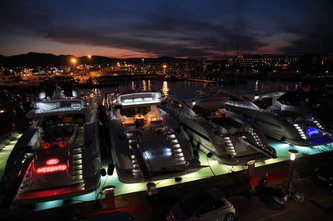 Luxury Mangusta yachts on display during the event