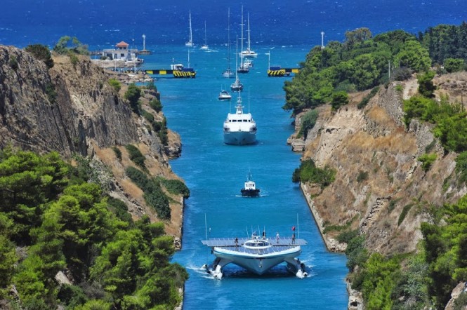 PlanetSolar across the Korinthos Canal