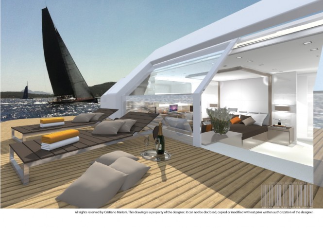 The owner’s suite aboard luxury yacht Project MY385_CMA