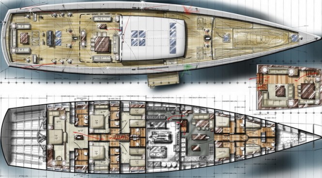 42m Barracuda super yacht design for Pendennis - Interior and Deck GA