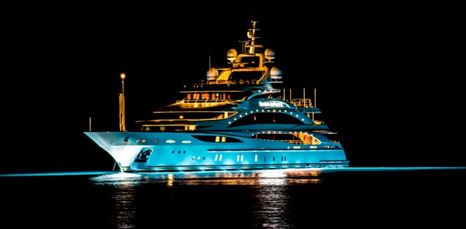 61m Benetti super yacht Diamonds Are Forever (FB 253) by night - Photo credit to Daniel Kennerknecht