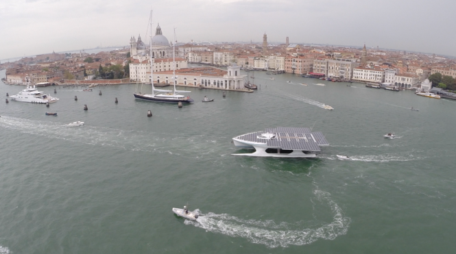 Aerial view of PlanetSolar in Venice © PlanetSolar