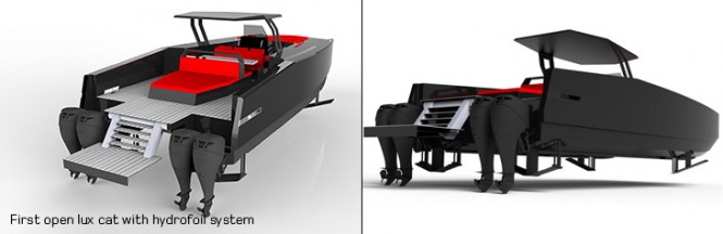 First luxury open power catamaran with hydrofoil system