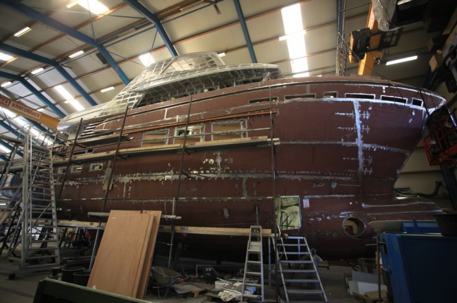 Hull and superstructure of superyacht DEY 24 joined together
