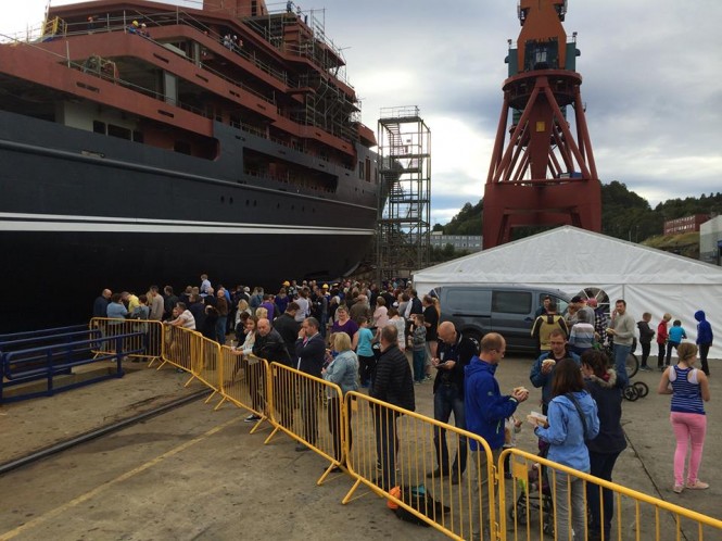 Launch of the 107m Kleven superyacht support vessel build no. 366