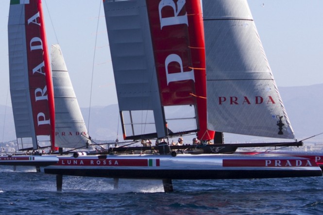 Luna Rossa Challenge on a testing session with two foiling AC45 catamarans. Photo by Luna Rossa Challenge