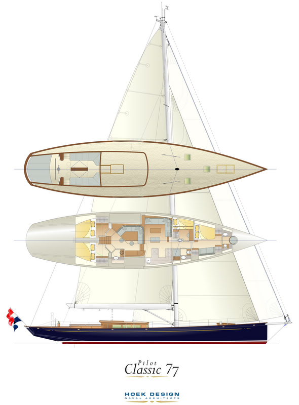 Rendering of the new 77ft Pilot Classic Yacht under construction at Claasen Shipyards