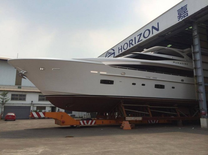 Horizon RP110 superyacht Paradise at launch - Image credit to Mark Western
