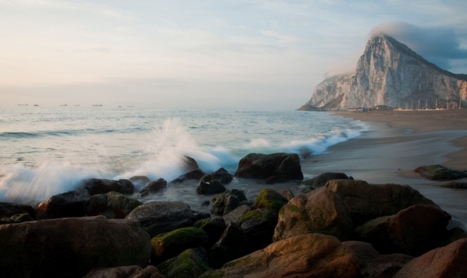Spanish beach overlooking the rock of Gibraltar