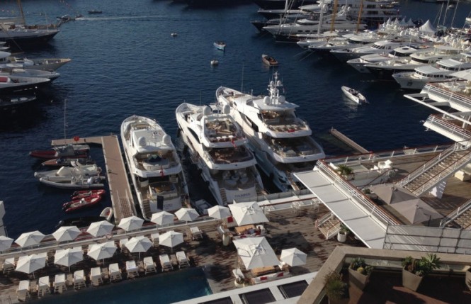 Three luxury superyachts by Sunseeker on display at the 2014 Monaco Yacht Show