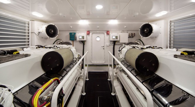 Engine room of the new Viking 92 Enclosed Bridge Convertible yacht