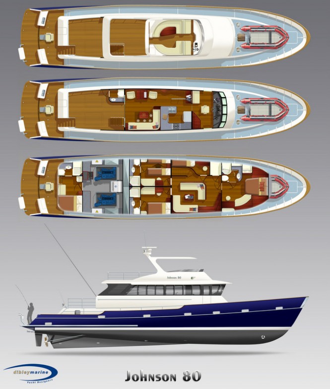 Luxury motor yacht Johnson 80 - Profile and Accommodation Layout