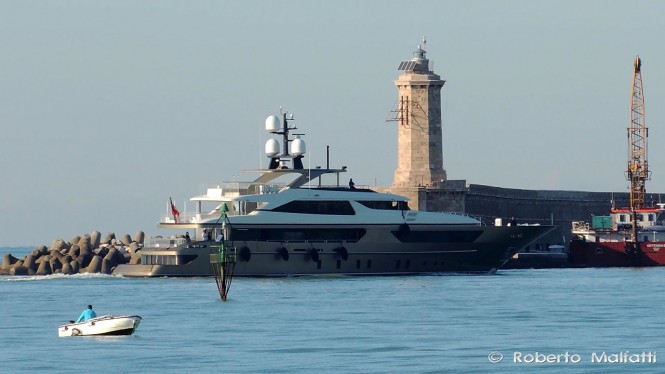 Sanlorenzo 46Steel superyacht Trident entering the port of Livorno in Italy 