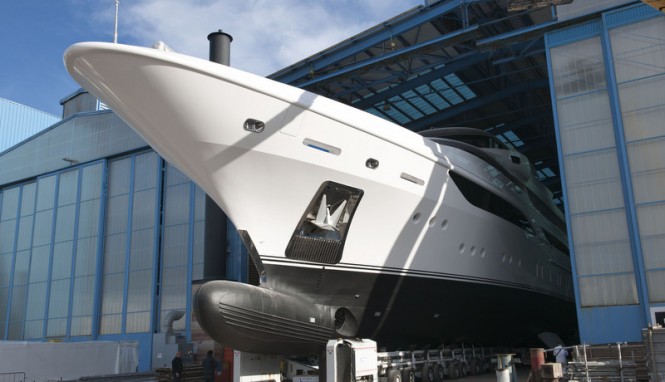 60m mega yacht Formosa (hull FB255) by Benetti leaving her shed